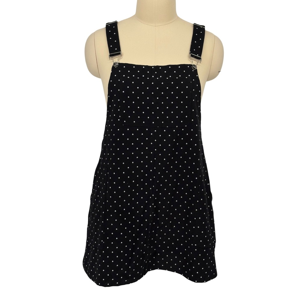 Polka Dot Overall Pinafore Dress Black White Mini Bib Pocket Strappy Small